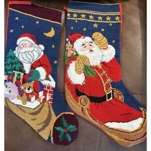 Vintage Christmas Needlepoint Set Lot of 2 Of Santa Claus Reindeer Stockings